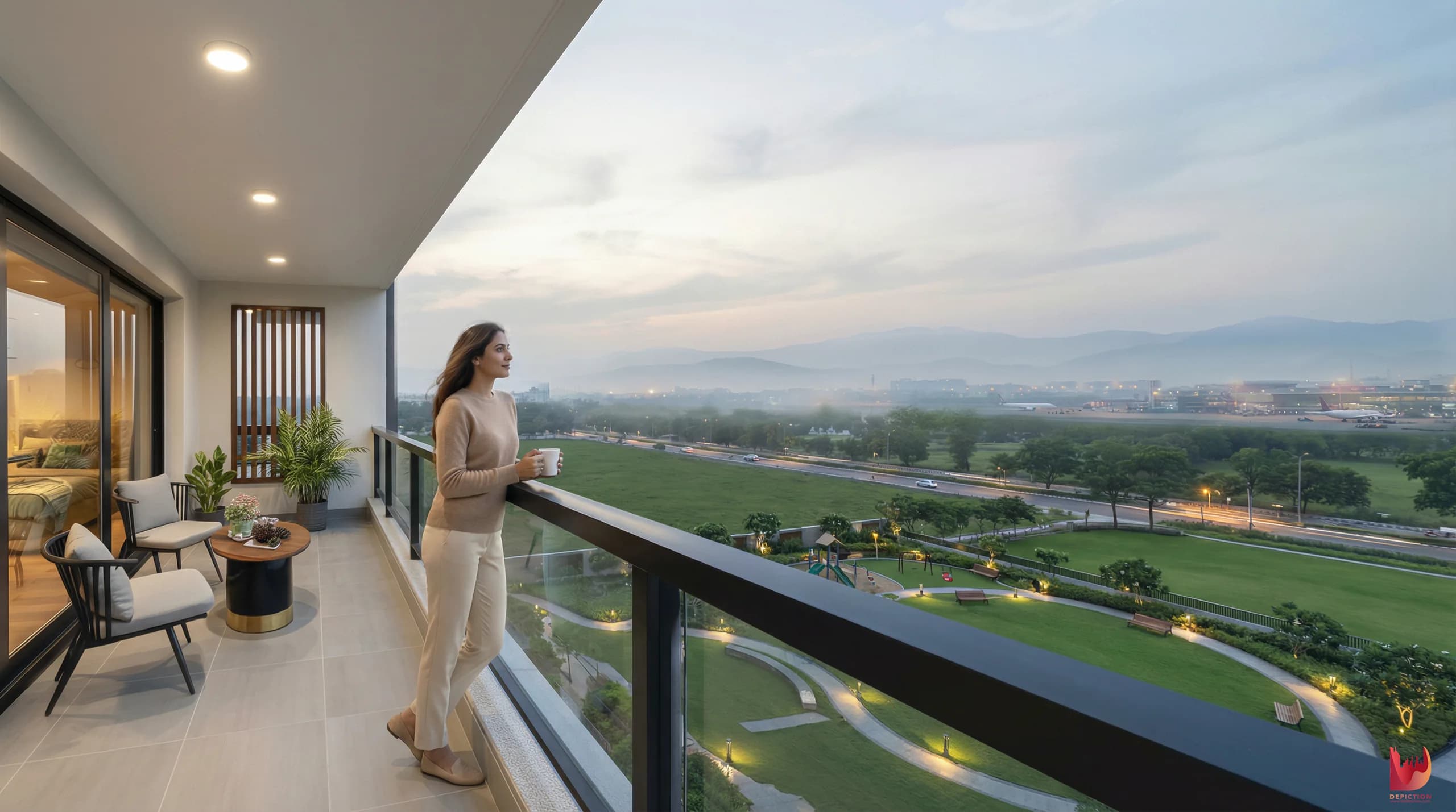 Aeroland Heights apartment balcony overlooking the Aerocity area